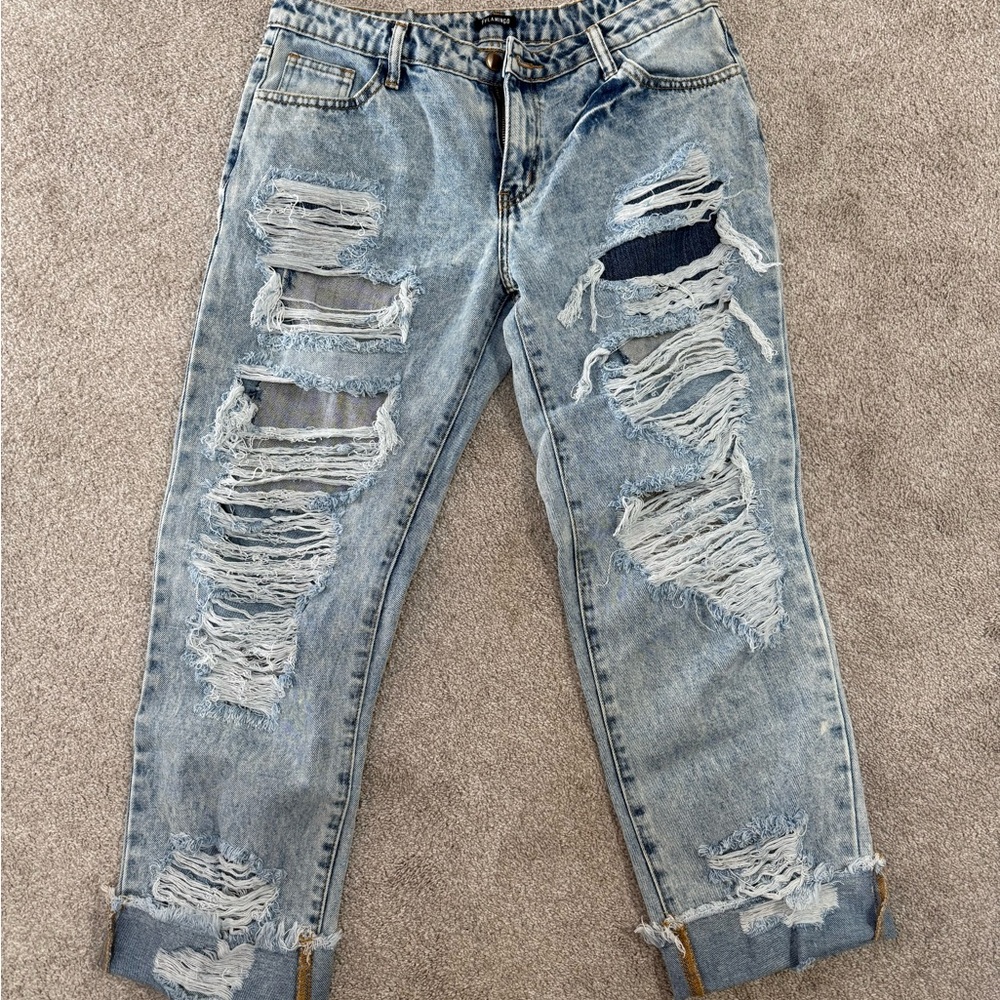 Distressed Light Blue Jeans cut out front & back flamingo flamingal size L 10/12